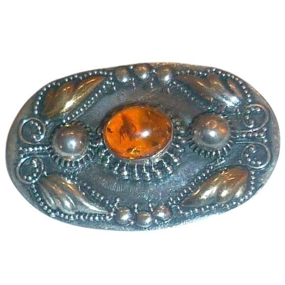 NOS Vintage Sterling Silver 925 Filigree Brooch Pin Honey Gemstone Cabochon Oval